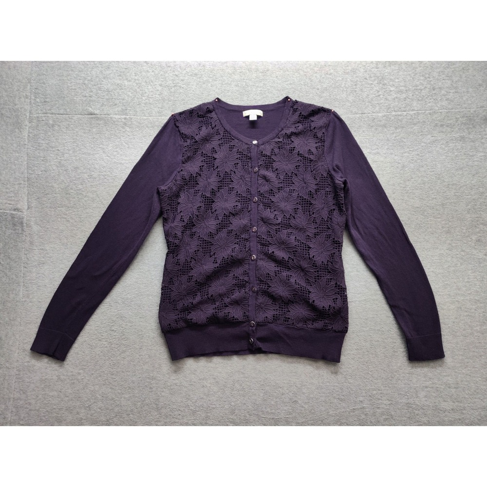 New York & Company Women Cardigan Sweater M Purple Button Up Lace Details Casual